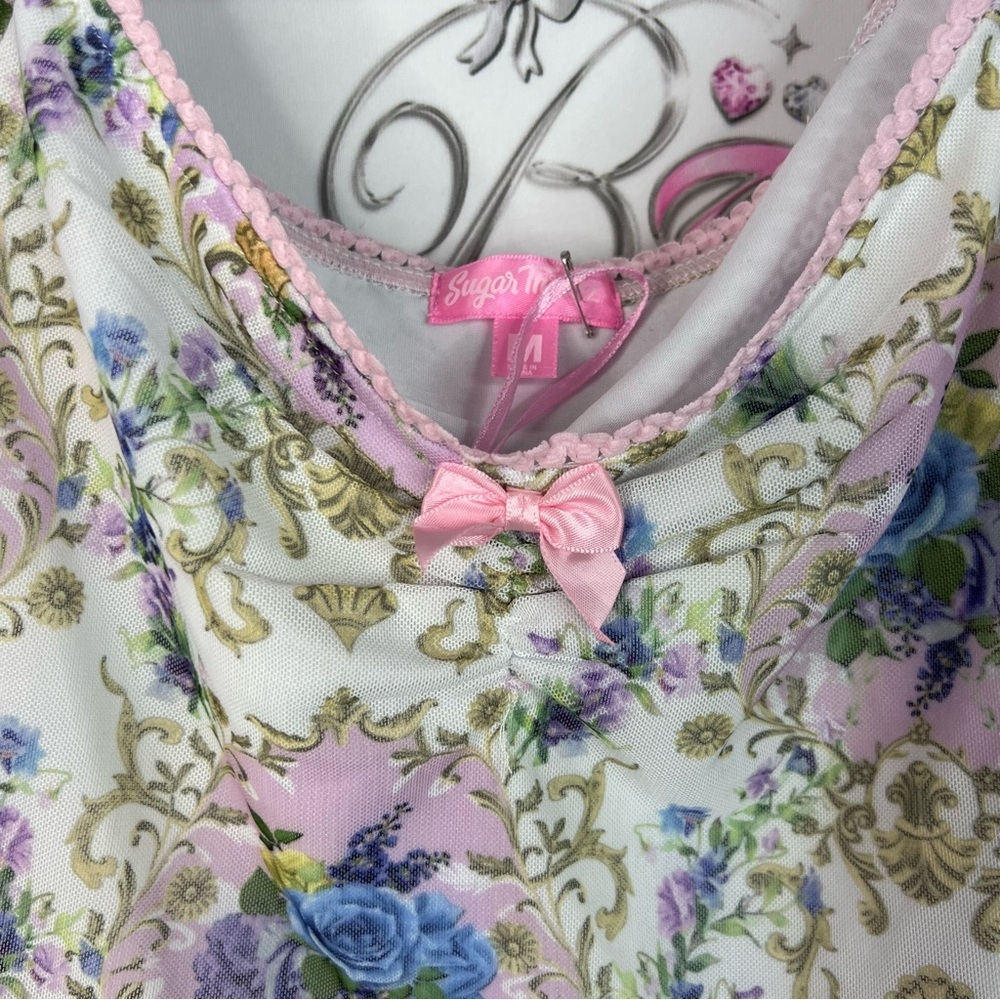 Sugar Thrillz dolls kill cropped top bows roses blue Floral Puff Sleeve Blouse - Picture 5 of 7